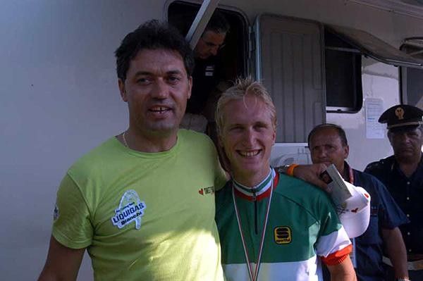 Liquigas director Stefano Zanatta with Italian champ Enrico Gasparotto