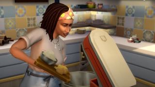 The Sims 4 Home Chef Hustle - a sim pours ingredients into a stand mixer