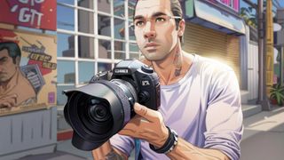 Photographer James Artaius holding a camera, in the style of a Grand Theft Auto illustration