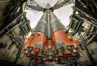 An upward view from inside the flame trench for a soyuz rocket.