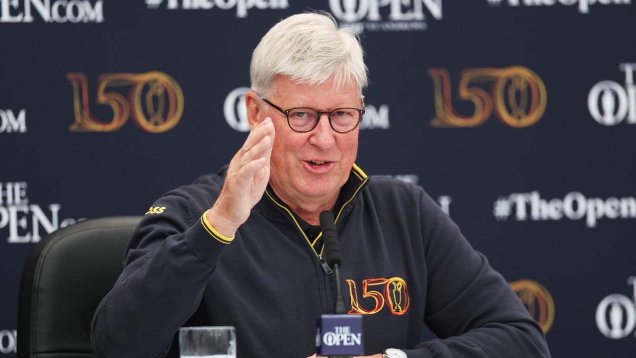 R&amp;A chief executive Martin Slumbers talks to the media at the 150th Open