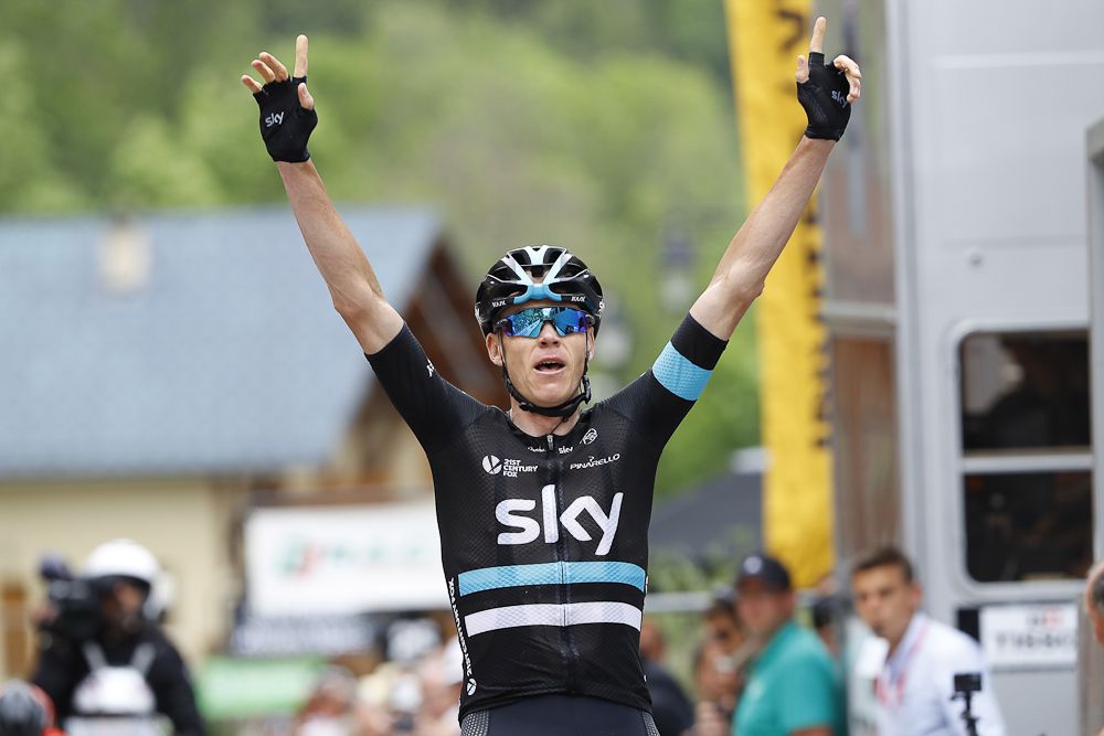 Chris Froome celebrates winning stage 5 at the Criterium du Dauphine