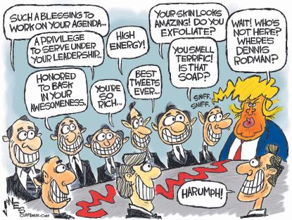 Political cartoon U.S. Trump cabinet compliments
