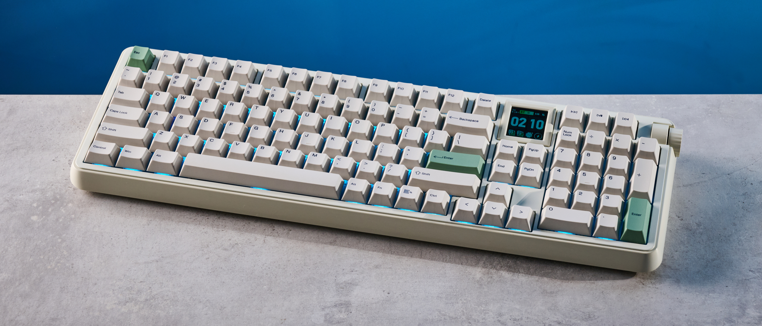 A white Epomaker RT100 Pro wireless mechanical keyboard