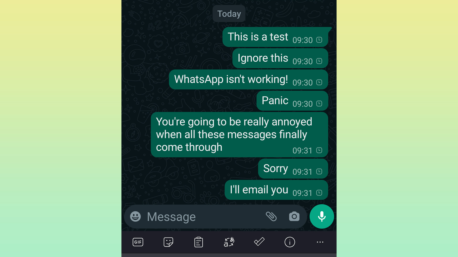 Снимок экрана, показывающий, что сообщения WhatsApp не отправляются на мобильном устройстве