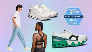 On apparel including running shoes and a male and female model wearing top and bottoms from On next to a Tom's Guide Black Friday Killer Deal Logo