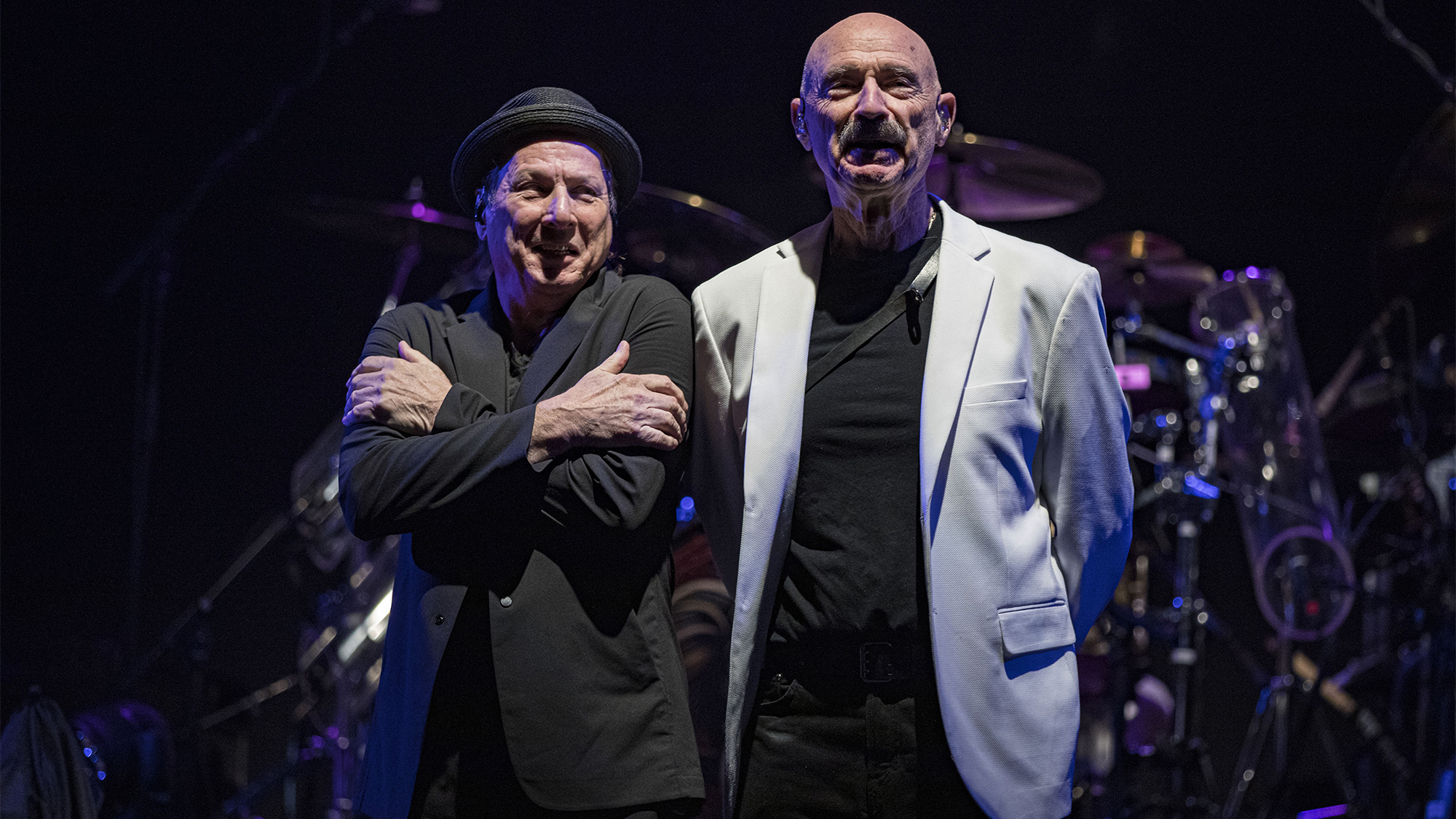 Adrian Belew (L) and Tony Levin of BEAT pos on stage at Humphreys Concerts By the Bay on November 09, 2024 in San Diego, California.