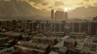 A city-scene, with houses and tenements dusted by snowfall. Skyscrapers loom in the background, silhouetted by a setting sun.