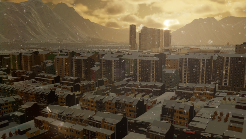 A city-scene, with houses and tenements dusted by snowfall. Skyscrapers loom in the background, silhouetted by a setting sun.