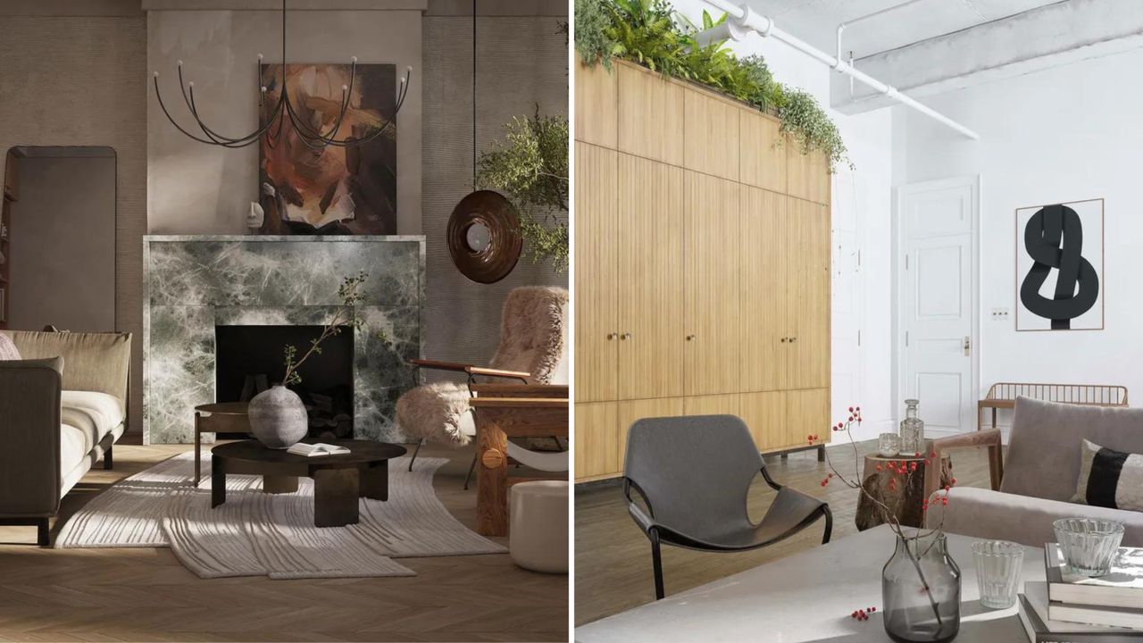 Gray industrial living room with chandelier on left, white industrial living room on right