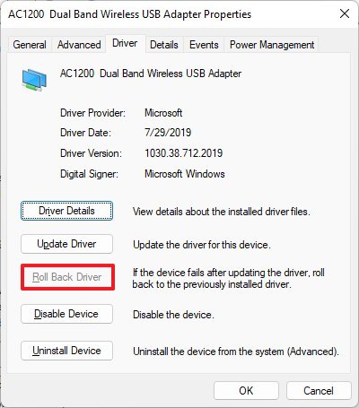 Roll back driver on Device Manager