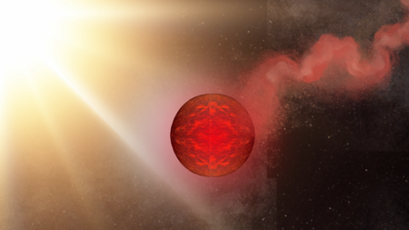 An illustration shows an ultra short period planet with a traile of gas and dust following it