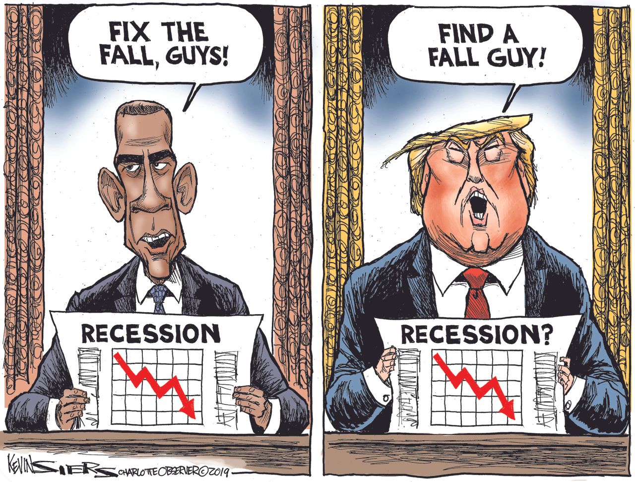 Political Cartoon U.S. Barack Obama Recession Fixed Trump Shifting Blame Fall Guy