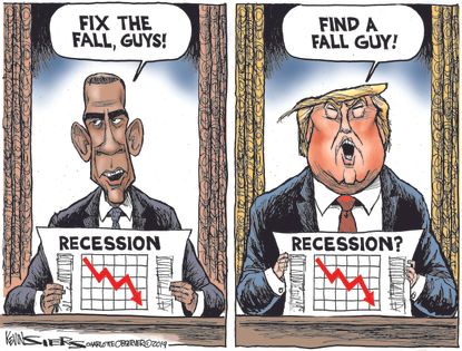 Political Cartoon U.S. Barack Obama Recession Fixed Trump Shifting Blame Fall Guy