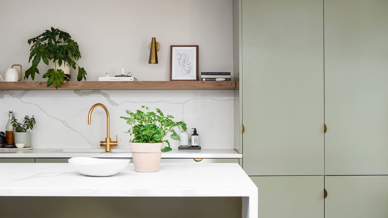 Small sage green kitchen with open shelving