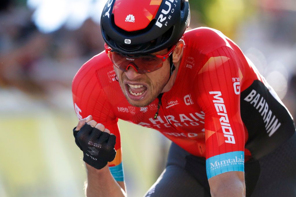 CHELM POLAND AUGUST 09 Phil Bauhaus of Germany and Team Bahrain Victorious celebrates at finish line as stage winner during the 78th Tour de Pologne 2021 Stage 1 a 216km stage from Lublin to Chem 212m TourdePologne TDP2021 UCIWT on August 09 2021 in Chelm Poland Photo by Bas CzerwinskiGetty Images