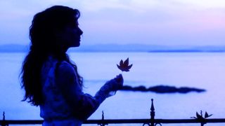 Sandra Bullock, holding a fall leaf against a beautiful dusk sky in Practical Magic (1998).