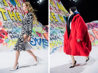 Model wears a cut-out black and white dress with white heels. Right, model wears a oversized bubble coat in bright red