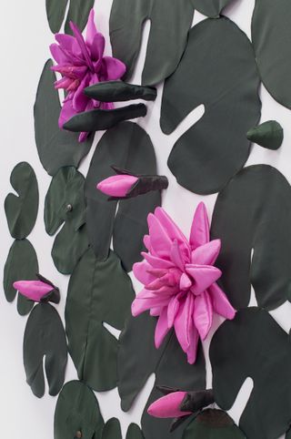 Detail of Water Lilies (Pink), 2020, by Peter Rösel, sewn from German police uniforms, material used for underwear