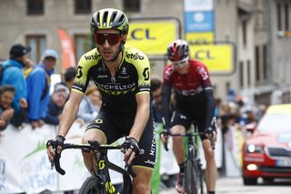 Mitchelton-Scott's Adam Yates finishes just ahead of Chris Froome (Team Ineos) on stage 2 of the 2019 Criterium du Dauphine