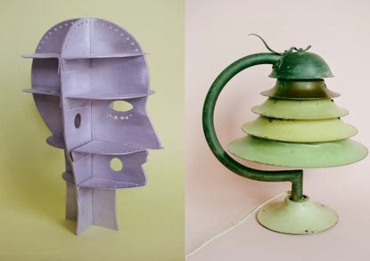 Two antique pieces; one geometric head sculpture and one lamp