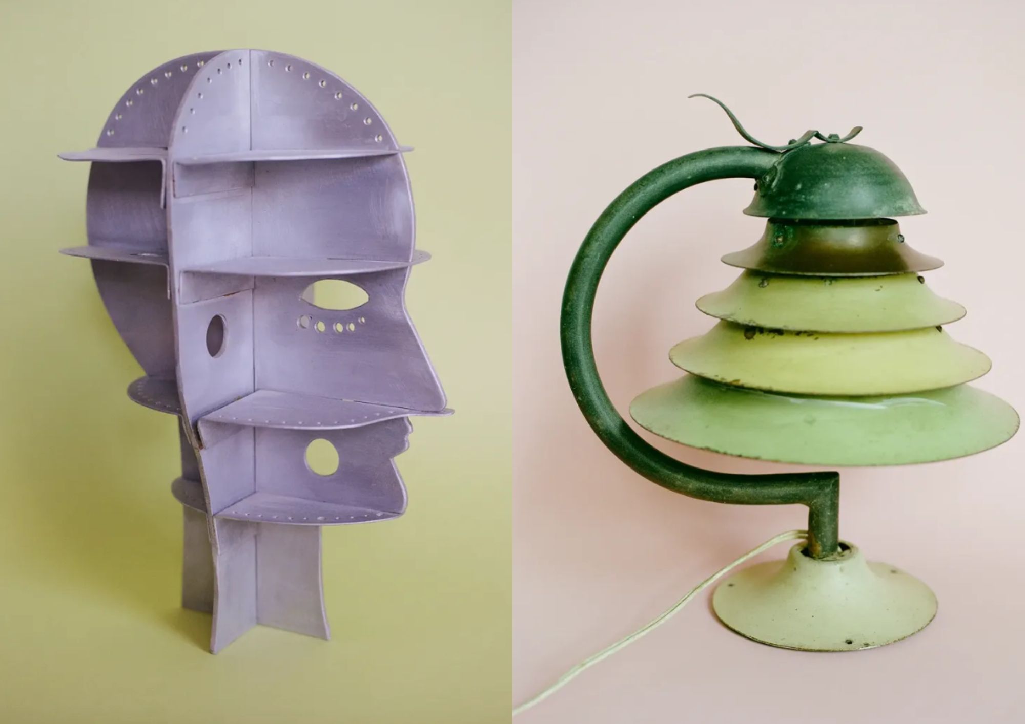 Two antique pieces; one geometric head sculpture and one lamp