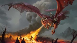 A dragon breathing fire on people below.