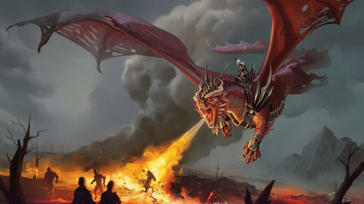 Un dragon crachant du feu sur les gens en dessous.