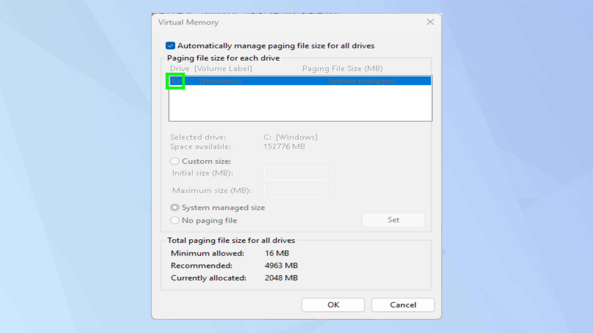 Turn off automatic management in Windows 11
