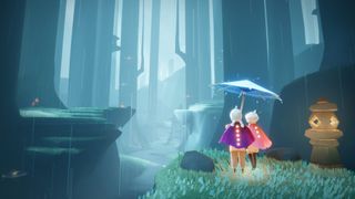  Children of the Light - two players share an umbrella together in a rainy forest