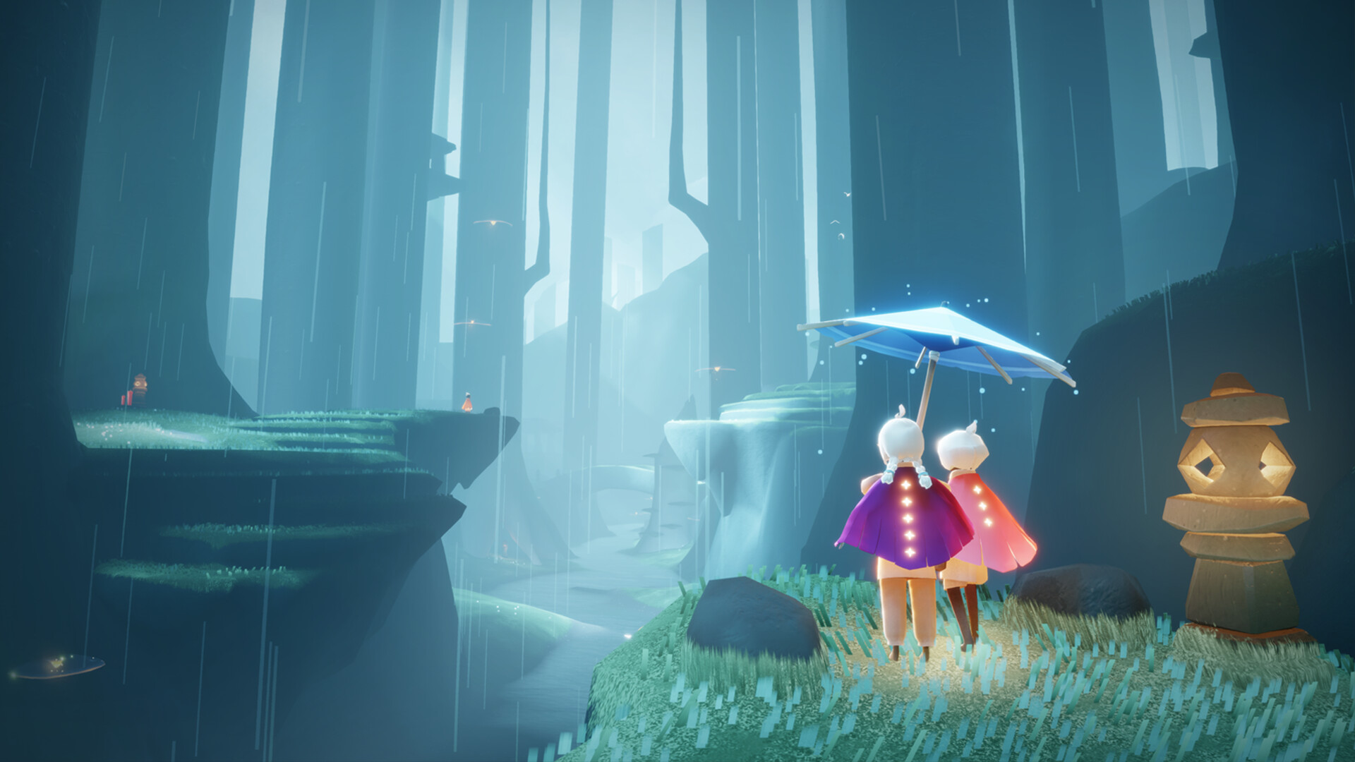 Sky: Children of the Light - two players share an umbrella together in a rainy forest