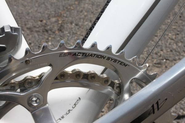 The alloy Athena crankset comes with machined and polished rings, while the carbon version comes with less-expensive stamped rings