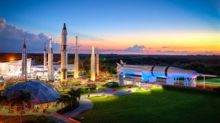 United Launch Alliance's last remaining Delta II with go on display at the Rocket Garden at NASA's Kennedy Space Center Visitor Complex in Florida, seen here at sunset.