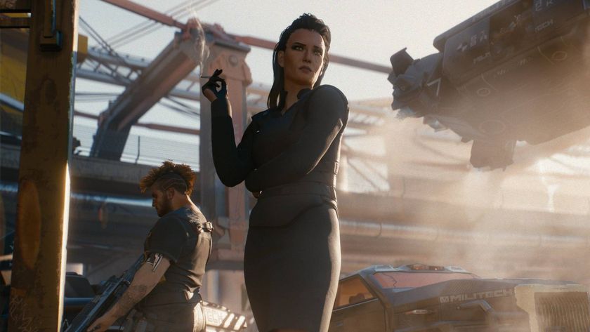 Meredith Stout in Cyberpunk 2077 with a cigarette in her hand standing next to a chap with a heavy machine gun.