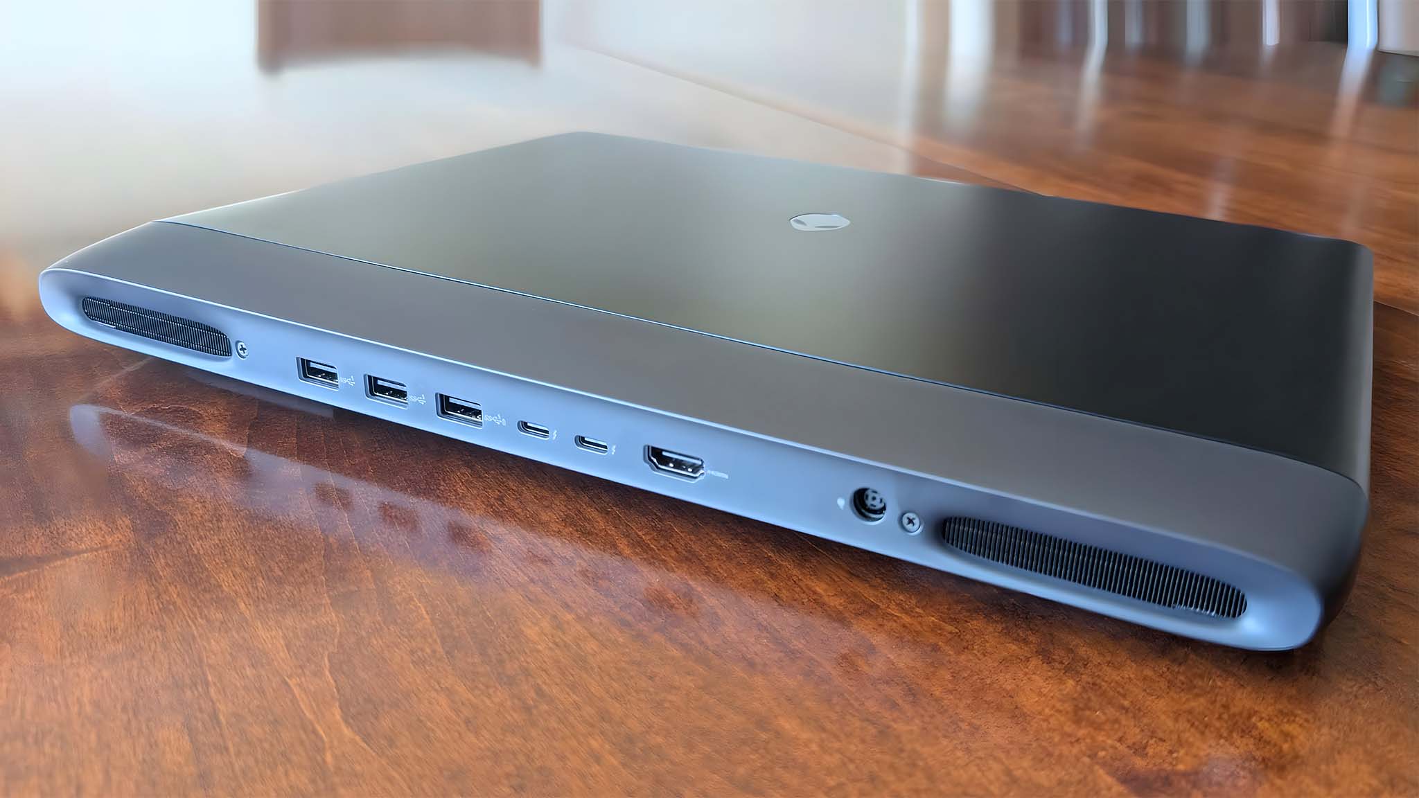 Backside of the Alienware Area-51 16 Gaming Laptop with ports showing.