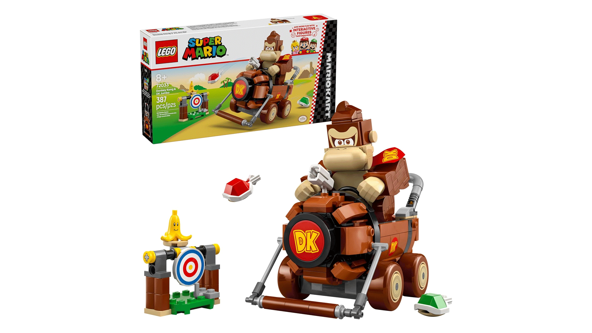 The Lego Super Mario Kart Donkey Kong set with the set build and the box behind
