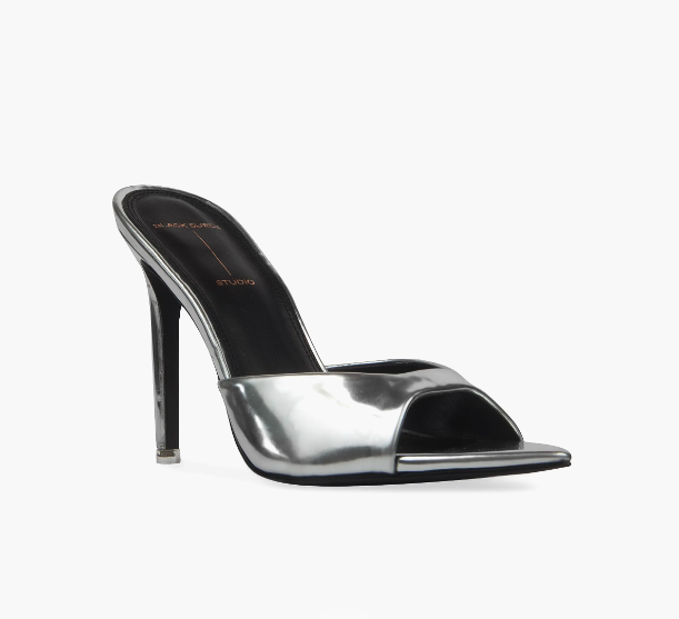 Black Suede Studio Silver Heels