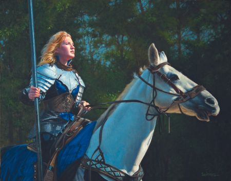 Traditional art scene showing a woman in armour on a horse