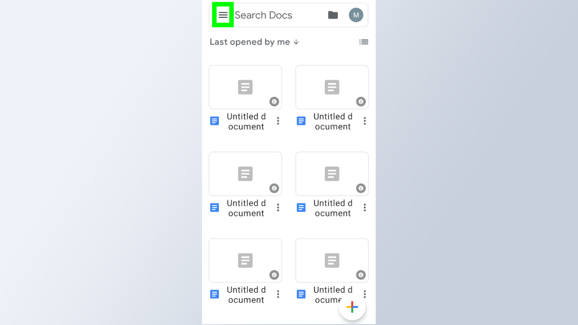 Как получить темный режим в Google Docs - снимок экрана Google Docs на мобильном устройстве с выбранным значком гамбургер-меню в верхнем левом углу