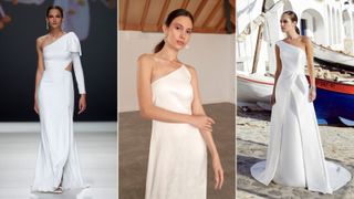 Models wearing asymmetric wedding dresses to illustrate wedding dress trends 2023