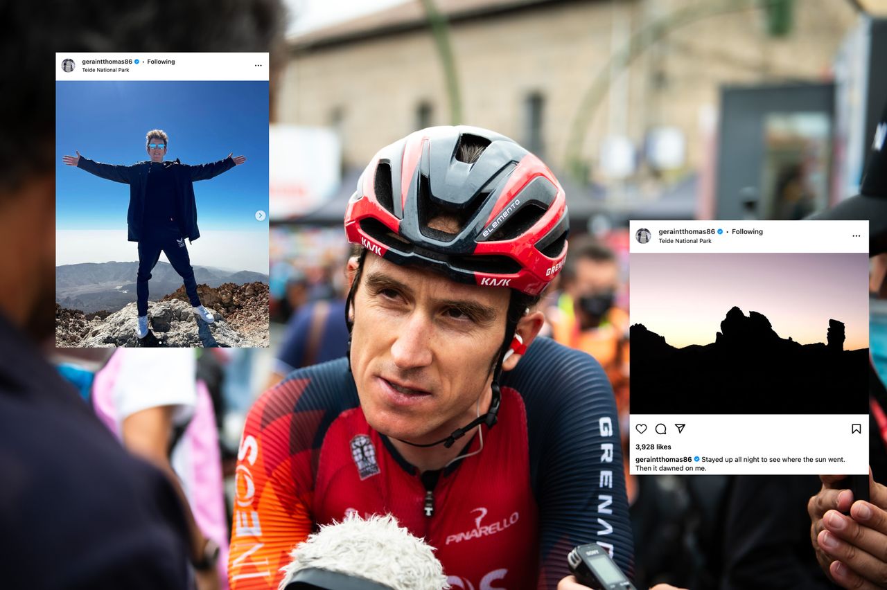 Geraint Thomas with two instagram posts embedded on the image, one of him standing, and another of a mountain sunset with a joke written on it