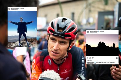 Geraint Thomas with two instagram posts embedded on the image, one of him standing, and another of a mountain sunset with a joke written on it
