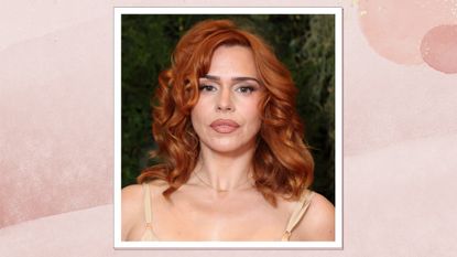 Billie Piper is pictured with curly copper hair and zig-zag parting whilst attending the Vogue x Netflix BAFTA Television Awards Celebration at Dovetale Restaurant London on May 09, 2024 in London, England/ in a pink watercolour paint-style template