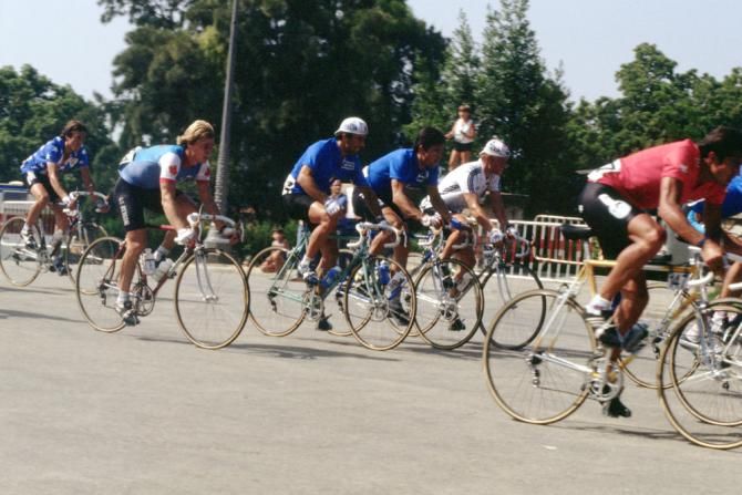 1984 Worlds: Steve Bauer (Canada) alongside Italy's Silvano Contini and Francesco Moser