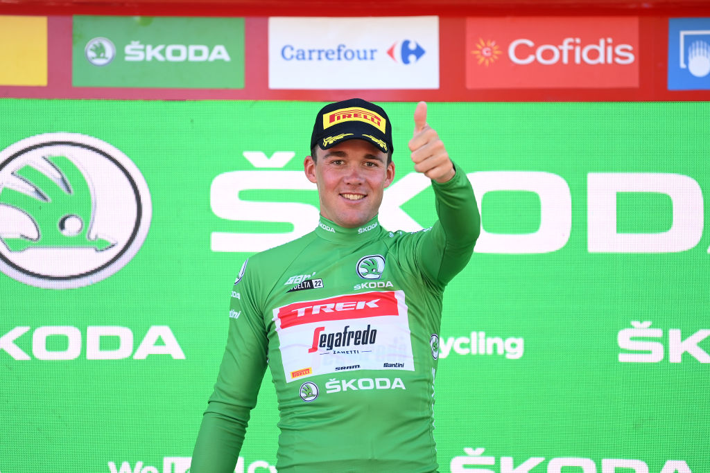 TOMARES SPAIN SEPTEMBER 06 Mads Pedersen of Denmark and Team Trek Segafredo Green Points Jersey celebrates at podium during the 77th Tour of Spain 2022 Stage 16 a 1894km stage from Sanlcar de Barrameda to Tomares LaVuelta22 WorldTour on September 06 2022 in Tomares Spain Photo by Justin SetterfieldGetty Images