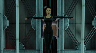 Screenshot of Tomb Raider 4-6 Remastered showing Lara Croft in a leather jumpsuit.