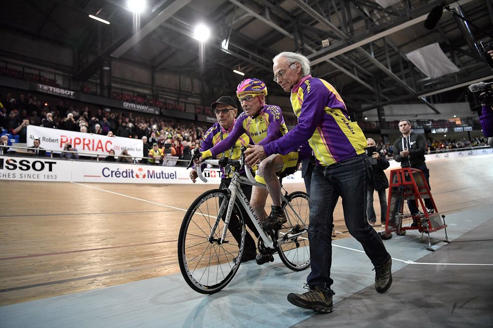 Robert Marchand starts to ride in his attempt to set a one-hour track cycling World record in the over-105 age group