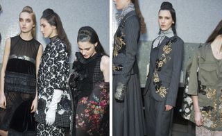 Models waiting in line for a fashion show to start, wearing a black see-through, black rose print and floral cover coats, and elegant gray suits embroidered with golden flowers, from the Antonio Marras A/W 2015 collection.