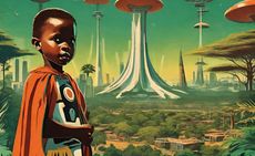 illustration of child in front of futuristic city-scape: artwork by Kairos Futura, from its exhibition ‘Hakuna Utopia? In Search of Micro-Utopias’