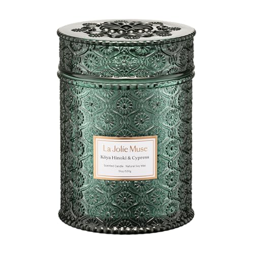 La Jolie Muse K&amp;#333;ya Hinoki &amp;amp; Cypress Candle | Pine, Hinoki &amp;amp; Cedarwood | 19 Oz Wooden Wick Soy Candle | 90-Hour Burn | Daily Relaxation &amp;amp; Cozy Ambiance
